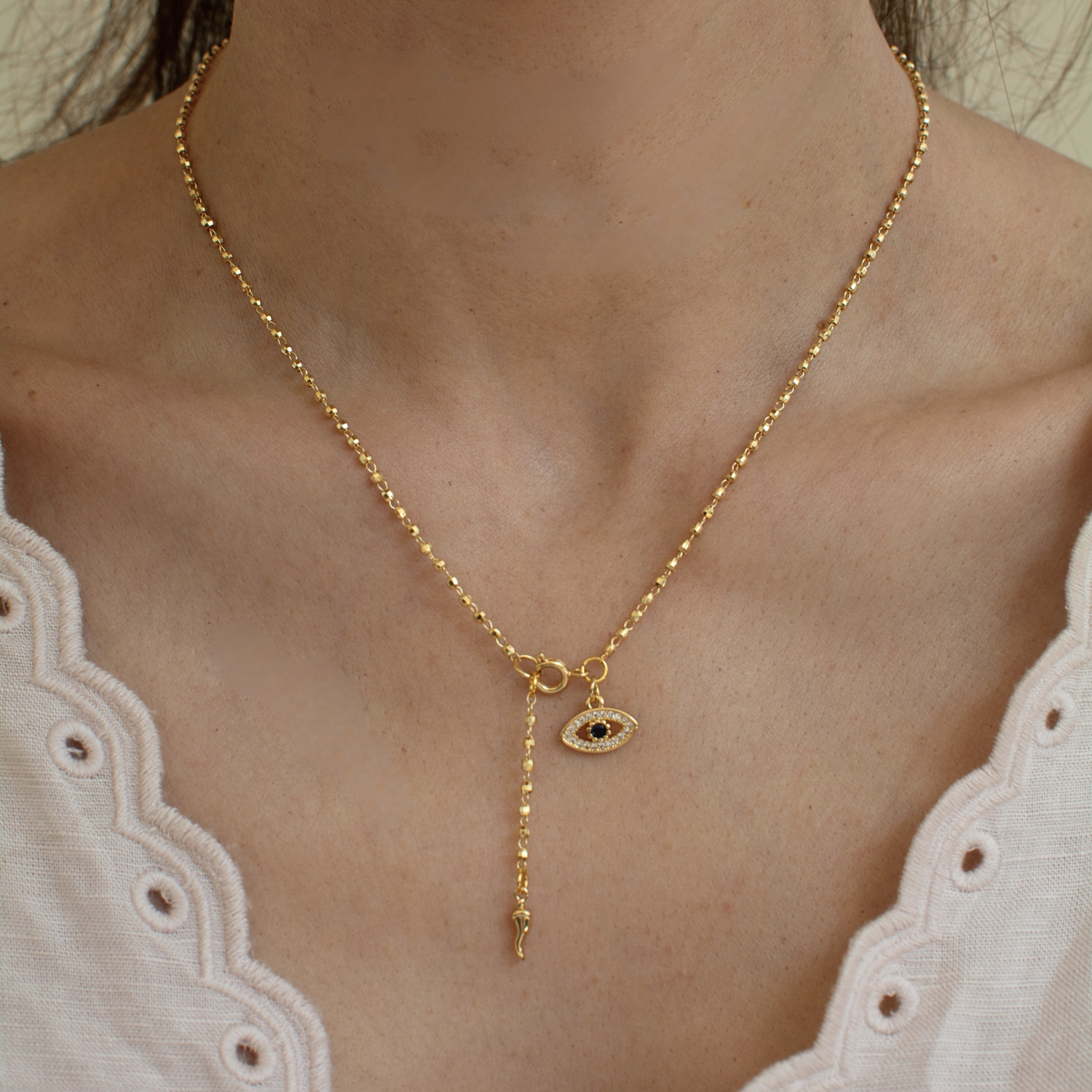 Protection Evil Eye Gold Bead Lariat