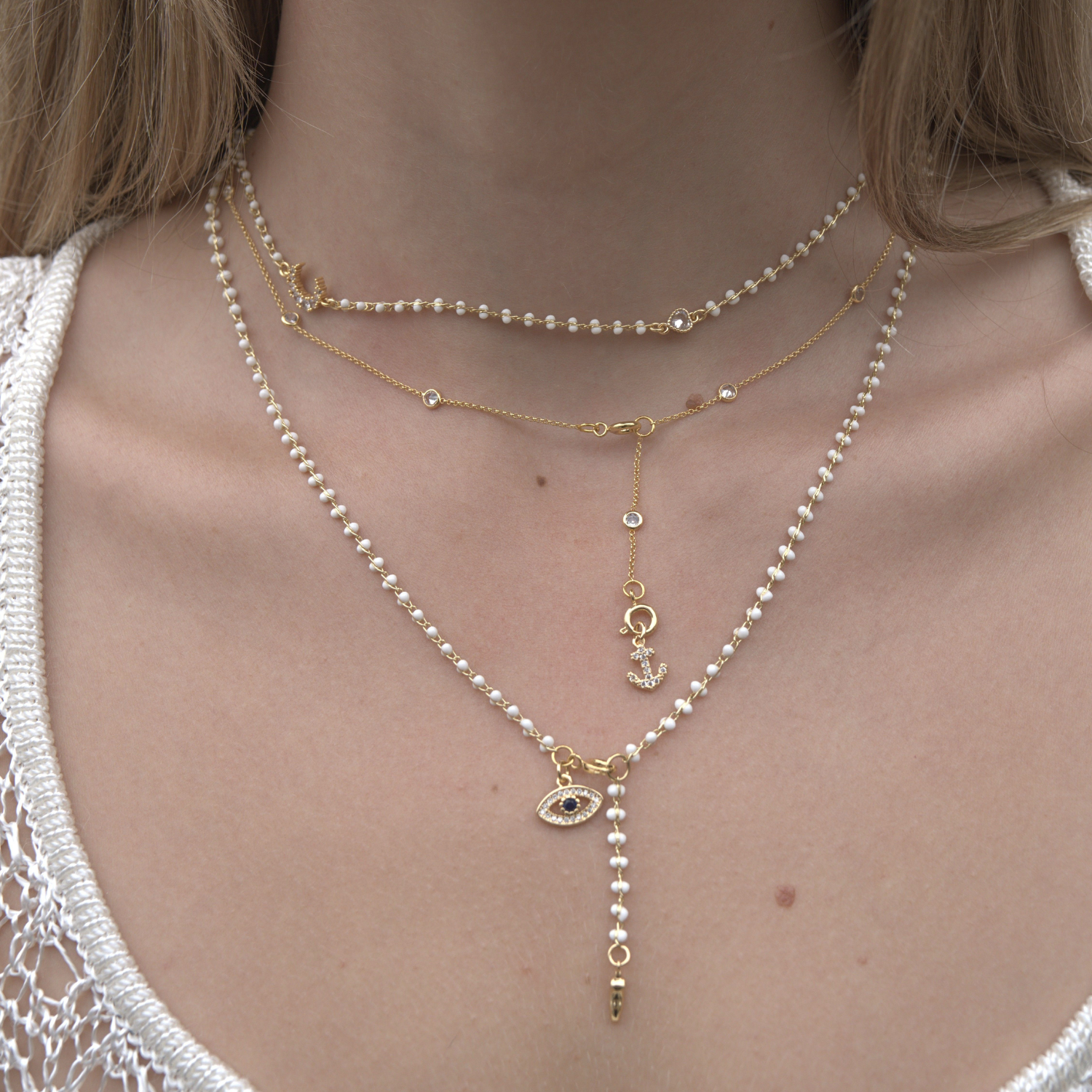 Stella Bezel Strand Drop Chain Charm Necklace