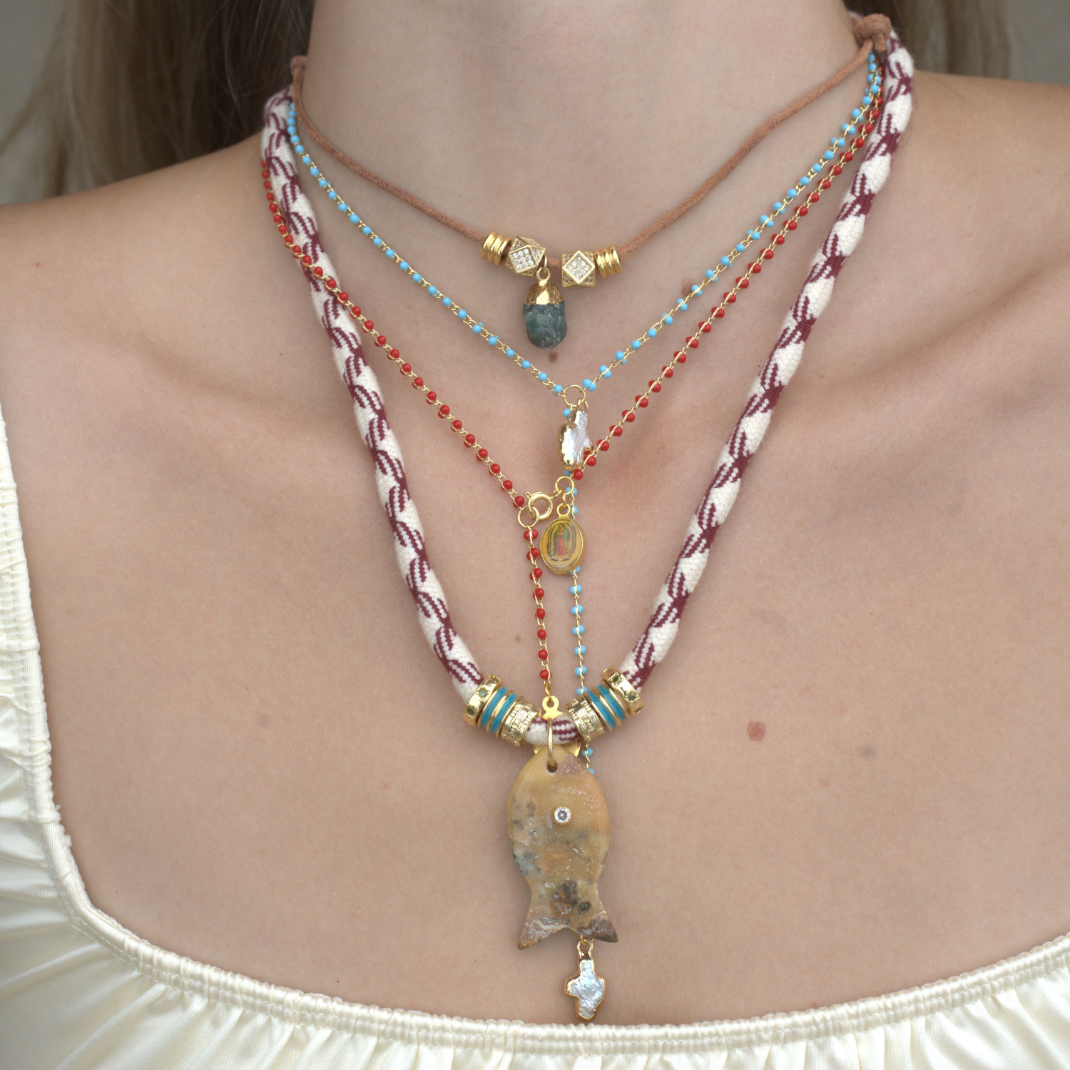 Psarou Gemstone Fish Cord Necklace
