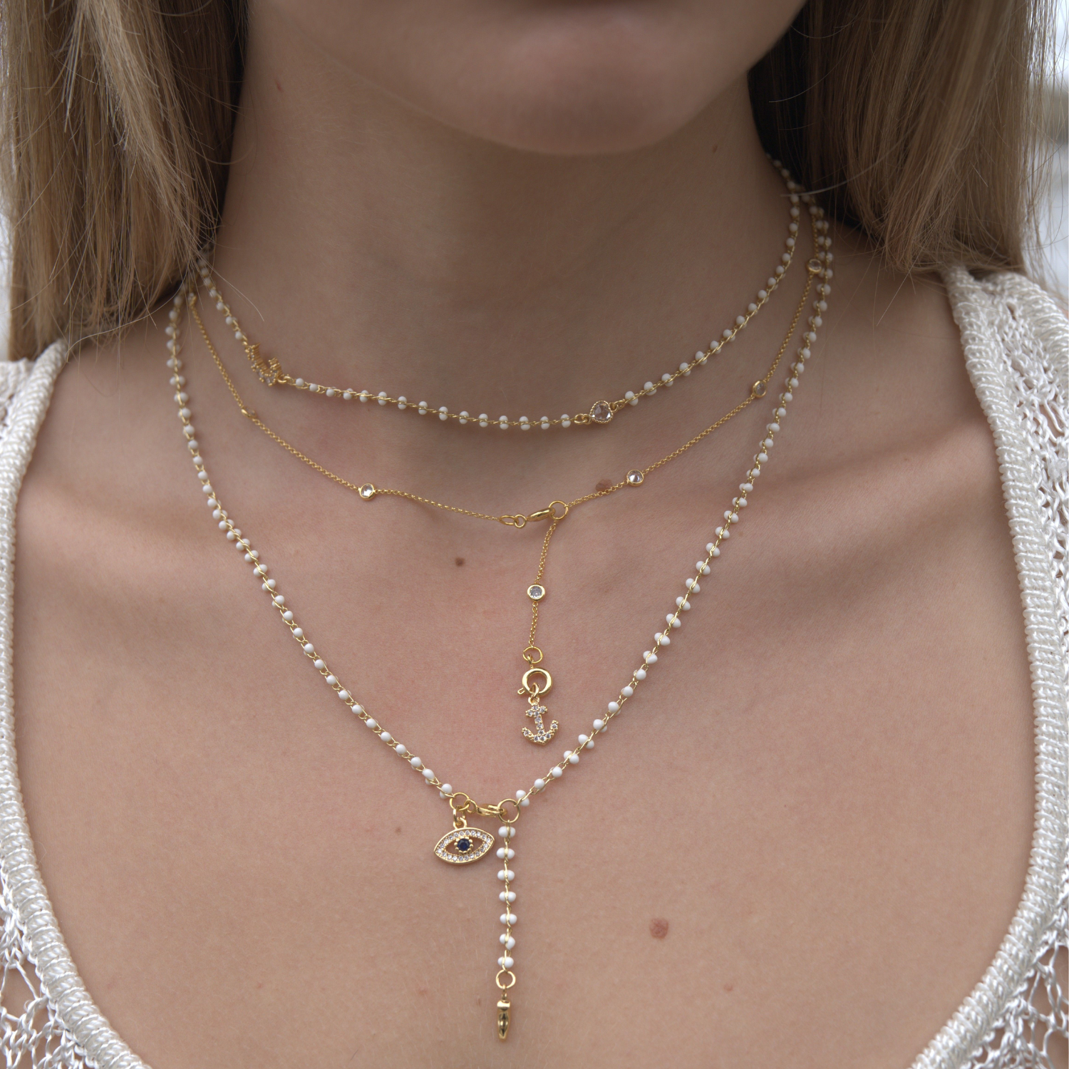 Stella Bezel Strand Drop Chain Charm Necklace
